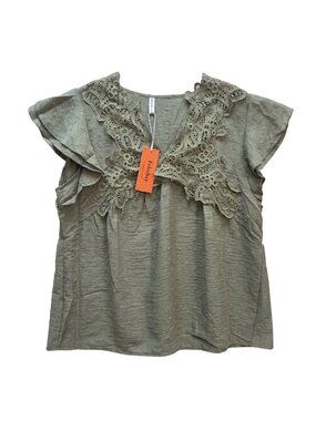 NWT | Falechay Sage Green Lace Crochet V-Neck Swiss Dot Flutter Sleeve Blouse XL